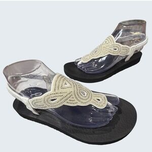 Skechers Meditation Sandals Women 8 White Faux Pearl Slingback Yoga Foam Comfort